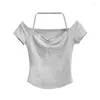 T-shirt da donna Moda coreana Nero Crop Top Donna 2024 Estate Kawaii T-shirt a maniche corte Vintage Camicia in maglia per Halter Top Increspato Rosa