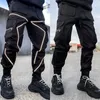 Hommes Casual Noir Blanc Patchwork Cargo Pantalon Lâche Grande Taille Rayé Multi Poche Jogging Sport Fitness Hip Hop Jogger Pantalon 240304