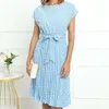 Spring and Summer New Short Sleeve Floral Lace Up Waist Pleated Dress for Women in 3 Colors