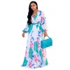 Vêtements ethniques Robes sexy pour femmes 2024 Mode d'été Tropical Print Deep V Ceinture à manches longues Une ligne Casual Vacances Sweet Maxi