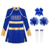 Kinder Mädchen Cheerleading Kostüm Cheerleader Schulmädchen Uniform Metallic Langarm Kleid Hand Blumen Socken Team Dance Outfits 240305
