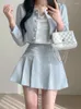 Two Piece Dress Fashion Korea Elegant Tweed Small Fragrance Short Jacket Cropped Coats High Waist Mini Skirts Suits Slim Women Sets