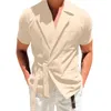 Camisas casuales para hombres Cuello de traje Tendencia de moda Lino de algodón sólido con cordones de solapa en V Negocios de manga corta