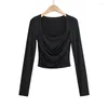 Women's T Shirts Long Sleeve White Crop Tops Women 2024 Summer Sexy Tshirts For Black Square Neck Top Ruched Knitted Fashion Shirt Woman