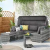 Camp Furniture Gray 5 Pieces Outdoor Sectional Patio Rattan Sofa Set Daybed W/ Canopy And Tempered Glass Side Table For Backyard Gardens