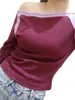T-shirts pour femmes Femmes S Off Épaule Tops Vintage Manches longues Contraste Couleur Slim Fit Tee
