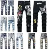 Designer Mens Purple Jeans Luxury High Street broderade byxor Kvinnor överdimensionerade rippade lapphål denim mode smal