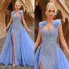 Blaue Kristall-Abendkleider, elegant mit Überrock und Glitzerperlen, Ballkleid mit Rüschen an der Schulter, lange Kleider für besondere Anlässe, geteilte Robe de Soiree