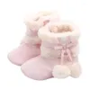 2024 Laarzen Geboren Baby Meisjes Winter Zachte Zool Antislip Leuke Boog Pluche Pom Sneeuw Warm Prewalker Baby Wieg schoeisel Beste kwaliteit