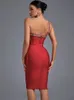 Cristal Bandage Dres rouge robe moulante soirée élégante Sexy licou cou Midi anniversaire Club tenues été 240306