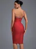 Kristal Bandage Dres Red Bodycon Elbise Akşam Partisi Zarif Seksi Halter Boyun Midi Doğum Günü Kulübü Kıyafetleri Yaz 240306