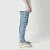 Street Elastic Jeans Herren Denim Cargohose Wash Solid Color Multi Pockets Casual Mid Waist Hose Slim Fit Daily Wear Joggers 240311