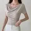 Women's T Shirts Folds V-Neck Crop Top Shirt Women T-Shirts Womens Clothing 2024 Summer Tops Slim Short Sleeve Tee Femme Camisetas Mujer