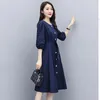 Party Dresses 2024 Spring Women's Mid-Length Shirt Dress Fashion A-line Skirt Five-Point Sleeve Blue Thin