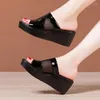 Slippare 6cm plus storlek 32-43 Cutout Mesh Leather Women Platform Shoes Summer 2024 Med Heels Wedges Slides Beach Mom Office