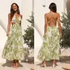 Vestido largo con dobladillo grande estampado con cordones y espalda abierta con cuello en V para mujer novedad de verano