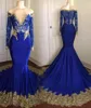 2024 NYA Royal Blue Long Sleeve Mermaid aftonklänningar från axelspetsapplikationerna Court Train Prom Gowns Vestidos de Fiesta 2018