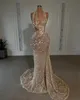 Champagne gouden zeemeermin avondjurken elegante pailletten halter v-hals galajurk glitter formele jurken voor speciale gelegenheden sweep train robe de soiree