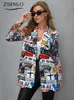 Blazer Woman Spring Fashion Vintage Irregular Print Disual Woman Clothing High Street Long Sleeve Elegant and Youth Blazer 240306