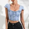 Dames T-shirts Koreaanse versie Sexy mouwloos U-hals denim top Slim fit T-shirt met rugloze enkele rij knopen Zomer korte kleding