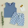 Комплекты одежды, летняя одежда для маленьких мальчиков, однотонная майка без рукавов, клетчатые шорты, комплект одежды из 2 предметов