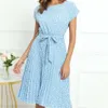 Spring and Summer New Short Sleeve Floral Lace Up Waist Pleated Dress for Women in 3 Colors