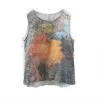 QPFJQD Vintage Peint Réservoirs Femmes Sans Manches D'été Lin T-shirt Luxueux Encre Paysage Modèle Dames Impression Gilet Hauts