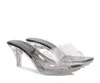 Slippers 2024 Women Summer 6.5cm High Heels Slides Mut Bugle Lady Crystal شفافًا منخفضًا