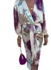 Robes de travail Tie Dye Floral manches longues col en V femmes jupes ensemble élégant avant fendu printemps été femmes hanche Wrap costume dans les ensembles assortis