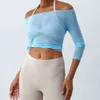 Lu Align Align Lu Citroen Garen Sexy Net Patchwork Yoga Crop Tops Dames Gym Fiess Hardlopen Sport T-shirts met lange mouwen Vrouwelijke strakke danstrein