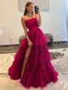 Vestidos de baile vermelho escuro vestido de noite festa uma linha sem alças sem mangas nenhum trem tule personalizado zíper rendas até plus size nova coxa-alta fendas