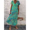 Damen Boho Blume V-Ausschnitt Kurzarm Langes Kleid