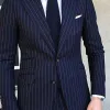 Kostymer 2 stycken pinstripe herrdräkt smal passform för formell bröllop tuxedo hackad lapel marinblå randig affärsbrudgum manlig mode