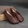 Sapatos casuais femininos dedo do pé quadrado plano couro genuíno sola macia bombas confortáveis moda francês deslizamento mocassins costurados