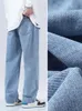 Jesień Błękitne dżinsy Koreańskie vintage opaski w pasie Jeńcowe bawełniane bawełniane spodażne spodni proste workowate dżinsowe spodnie 240304