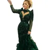 Luxury Green Beaded Mermaid Prom Dresses Long Sleeves High Neck Glitter Evening Gowns for Women Ruffles Sweep Train Elegant Reception Dress Special Occasion wear