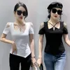 Mulheres Camisetas Estilo Europeu Moda Sexy T-shirt Mulheres Roupas Kawaii Vintage Diamantes Brilhantes Malha Costura Mulher Tops