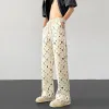 Pants y2k American style hollow design floral trousers couple retro trend color plaid fake hole straight trousers tieup long trousers