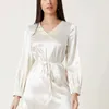 Casual Dresses Women's Elegant Lace-up V-neck Sexy High Satin Long Sleeves Comfortable Waist Short Female Dress