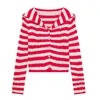 Tricots pour femmes TRAFZA Mode Cardigan tricoté Sweet Y2K Manches longues Col bleu marine Pull à rayures rouges et blanches pour femmes 2024 Printemps