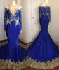 2024 New Royal Blue Long Sleeve Mermaid Evening Dresses Off the Shoulder Lace Appliques Court Train Prom Gowns Vestidos De Fiesta 2018