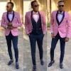 Ternos masculinos rosa slim fit, ternos especiais com lapela, traje de casamento, noivo, smoking, festa, baile, blazer, 3 peças