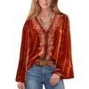 Women's Blouses Floral Neckline Top Vintage Embroidered V-neck Blouse With Bead Detailing For Women Soft Long Sleeve Fall Spring