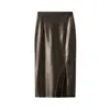 التنانير 2024 Harajuku Vintage Pu Leather Pencil Skirt Winter Women Bodycon Front Front Ladies Black Solid Slim Faux Midi Hip