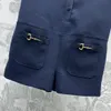 Designer Navy Blue 2024 Women's Two Pieces Sets Short Sleeves Buttons Lapel neck Women Blouse And short Pants Sets 31727