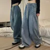 Jeans femininos calças jeans calças vintage perna larga com cintura elástica bolsos profundos streetwear para hip