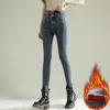 Damesjeans Winterfleece Veet Skinny dikke warme denim potloodbroek Mode Hoge taille Slanke legging met knopen Casual broek