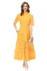Women's Runway Dresses Stand Collar Short Sleeves Embroidery Hollow Out High Street Elegant Designer Mid Vestidos