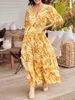 Robes décontractées femmes 2024 bohème robe florale col en V volants balançoire une ligne maxi manches longues plage vacances vêtements de fête