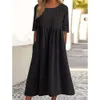 Spring and Summer New Round Neck 5/3 Sleeve Large Casual Loose Long Pure Cotton Linen Dress